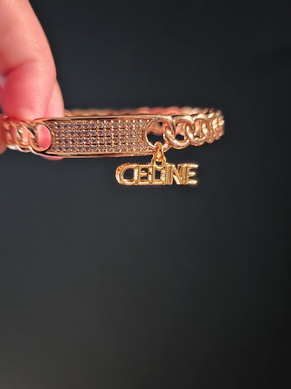 CELIN* Gold-Tone Pave Chain Bracelet with Logo Charm